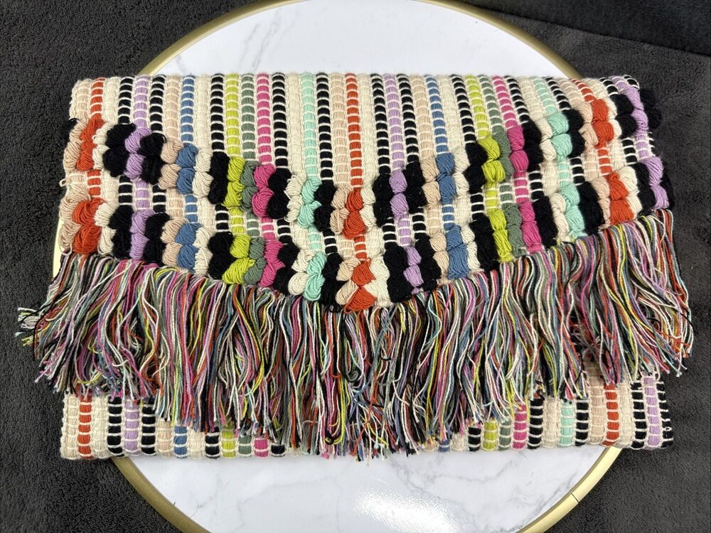 Stella & Dot Taj Clutch Handbag Boho Chic Fringe Multi Color Embroidered Pouch